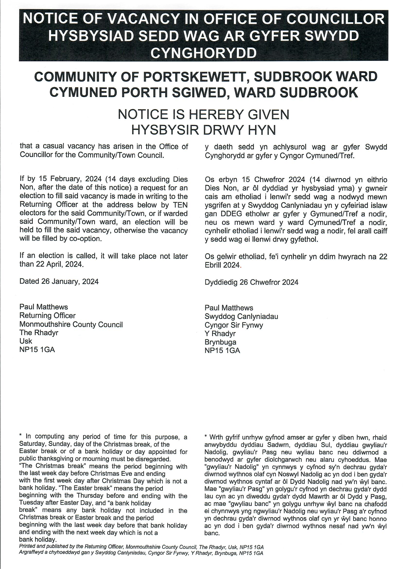 MCC Councillor Vacancy Notice Sudbrook Ward - 24.1.24