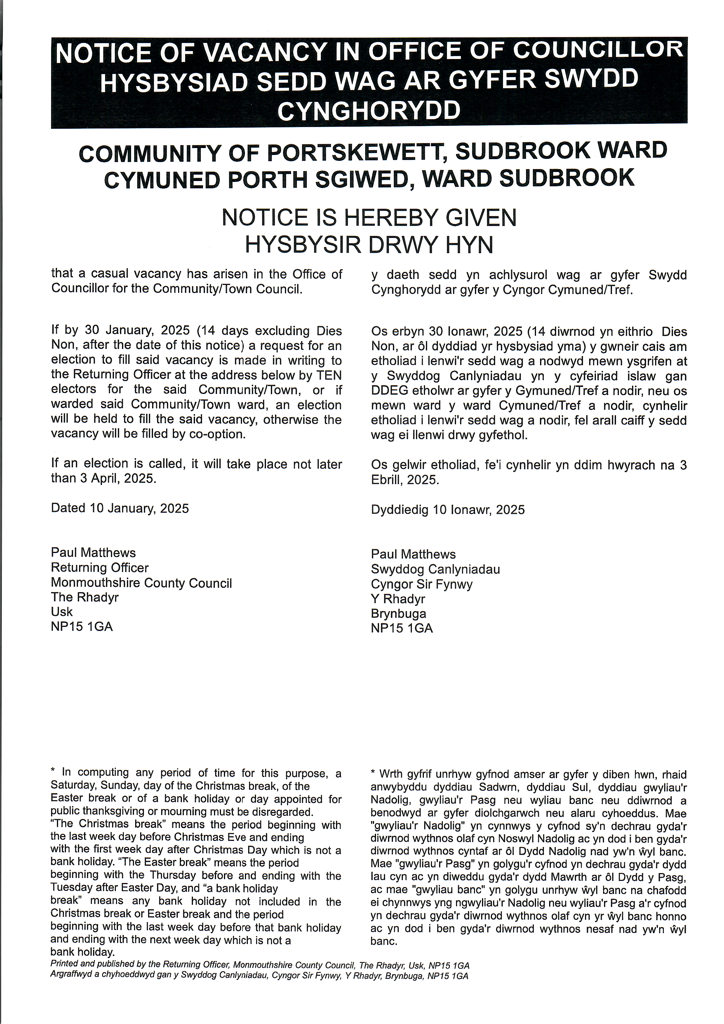 Councillor Vacancy - January 2024